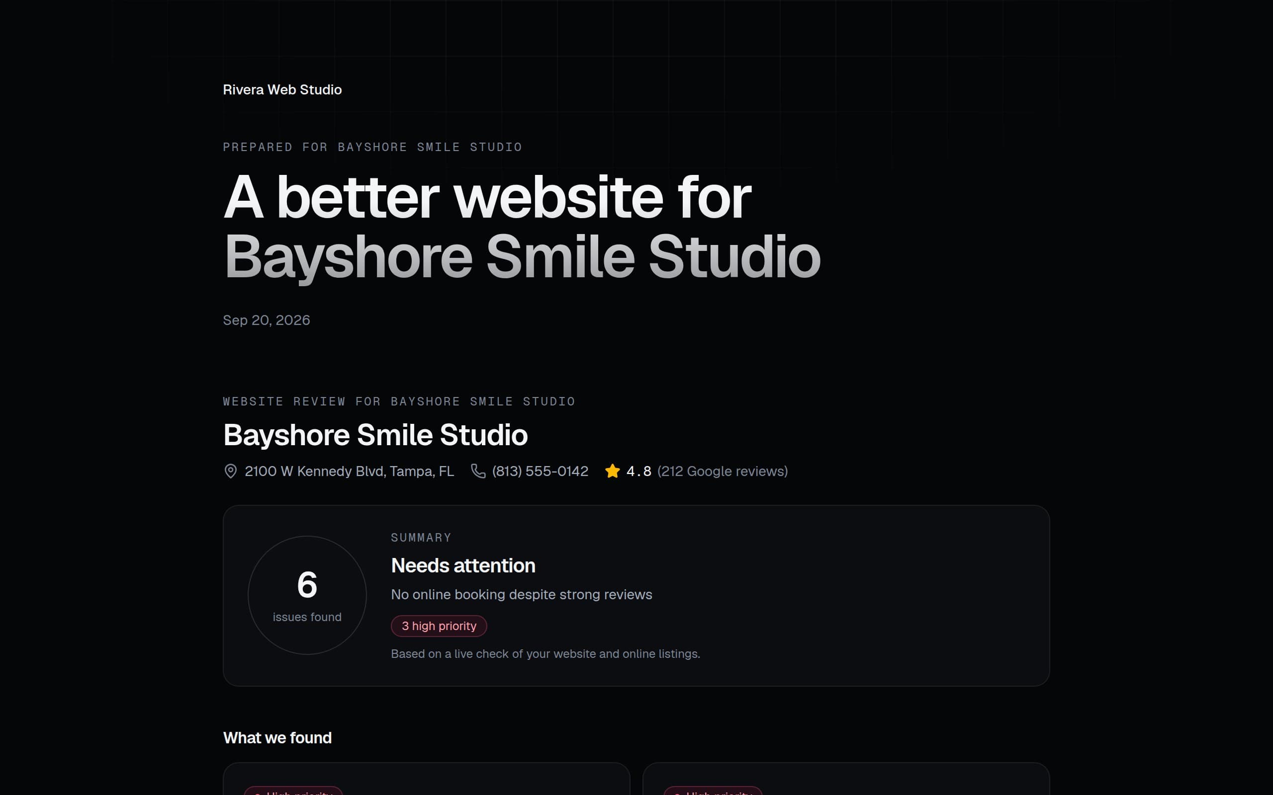 A public pitch page for a local business