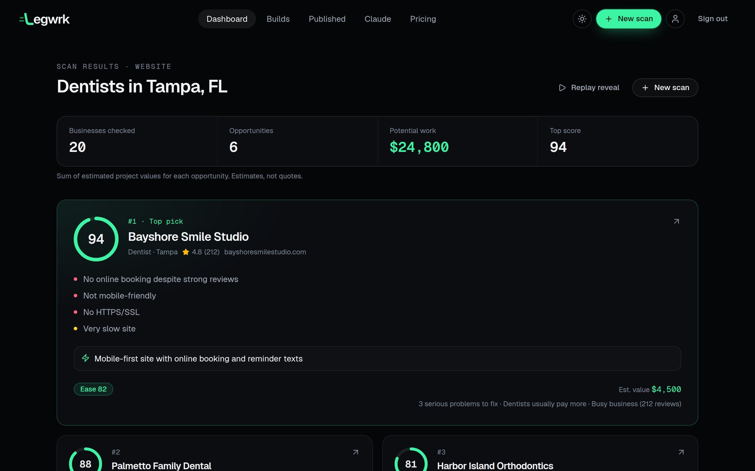 Scan results in Legwrk: ranked local businesses with scores and potential value