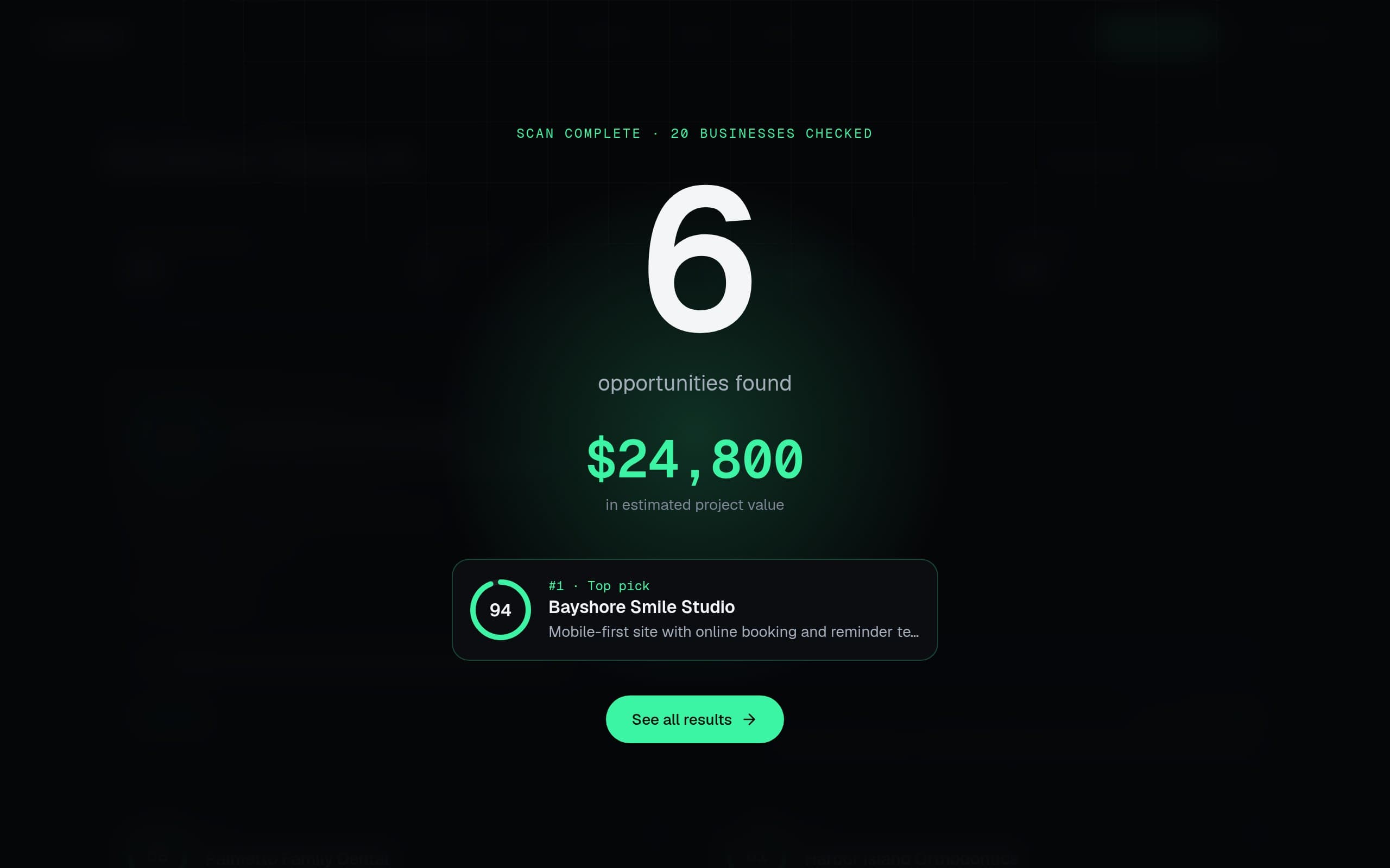 The reveal when a scan finishes: opportunities found, potential value and the top pick
